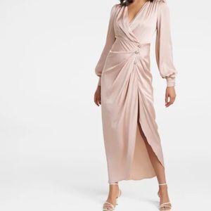 Satin long sleeve dress, midi length, in dusty rose colour